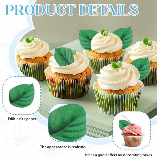 100 Pcs Edible Leaves Cupcake Toppers, Wafer Paper Leaf Cake Toppers Edible Leaf Cake Topper Green Leaves Cakes Decoration for Hawaii Aloha Summer Jungle Theme Wedding Birthday Baby Shower