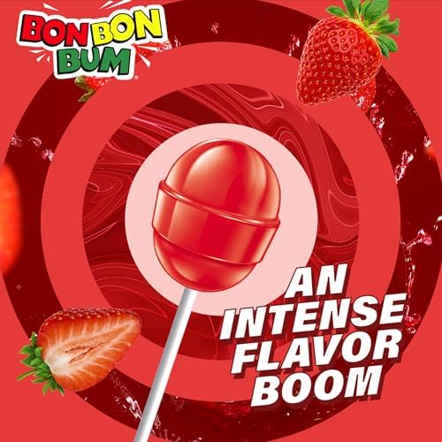 Colombina Bon Bon Bum Strawberry Lollipops Fruit Hard Candy, Individually Wrapped Sweet Strawberry Pops, 24 Count