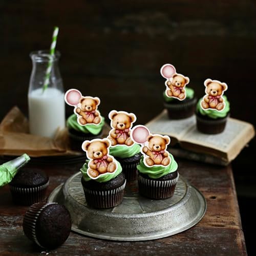 40PCS Edible Baby Shower Bear Cupcake Toppers Pink Balloon Bear Cupcake Picks Teddy Bears Drink Topper for Baby Shower Girls Pink Bearly Birthday Cupcake Decorations