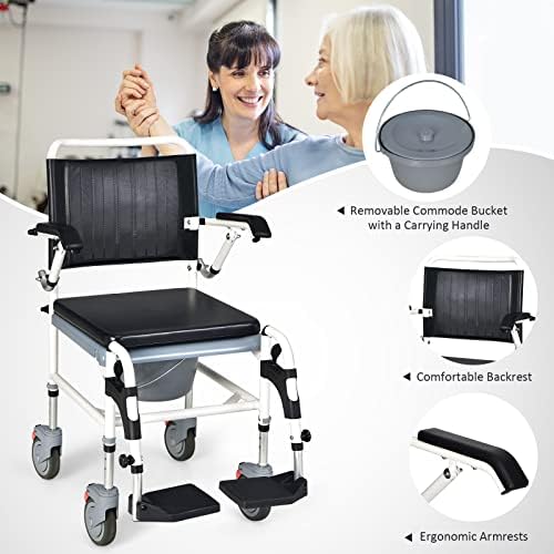 Giantex 4-in-1 Bedside Commode Shower Wheelchair, Commode Chair for Toilet with Arms, 4 Lockable Wheels, Detachable Bucket, Height Adjustable & Flip-up Footrest, Padded Mobile Toilet Chair