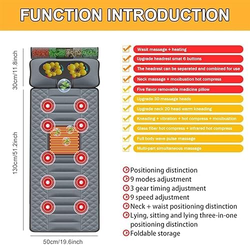 Heated Vibrating Massage Mattress Pad with 20 Massage Heads, Full Body Pain Relief Mat for Back, Lumbar & Legs, Portable & Foldable Design for Easy Storage