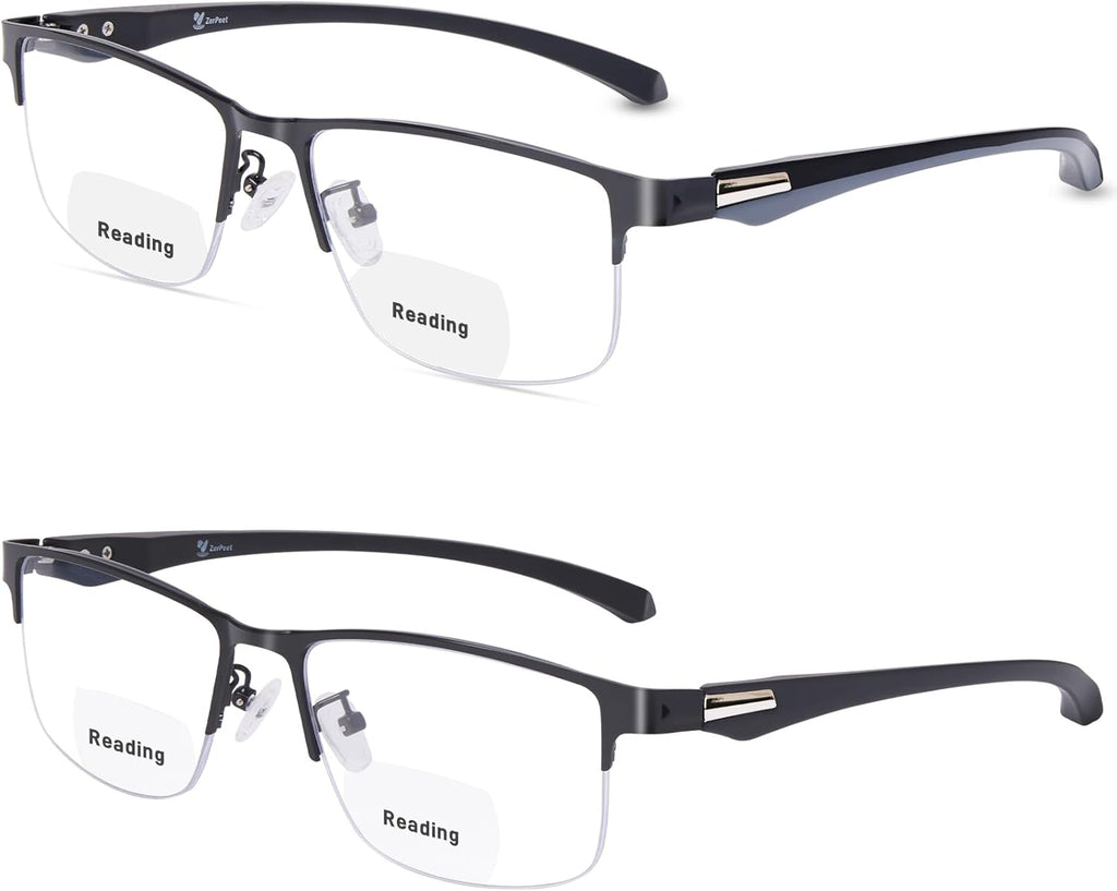 2 Pack Men's Bifocal Reading Glasses Clear Top Blue Light Blocking,Lightweight Rectangular Semi-Rimless Metal Frame TR90 Temples Readers,2.5x
