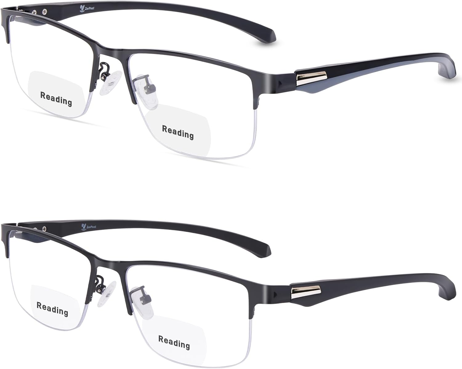 2 Pack Men's Bifocal Reading Glasses Clear Top Blue Light Blocking,Lightweight Rectangular Semi-Rimless Metal Frame TR90 Temples Readers,2.5x