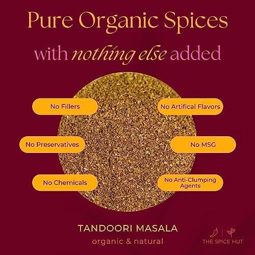 Spice Hut - Organic Tandoori Masala Powder, with Salt, Flavorful Indian Tandori Curry Powder for Cooking South Asian Food - Tandori Chicken Tikka Seasoning Spice, Vegetables, Curries / All-Natural, Kosher, Vegan, Gluten Free, Keto -No MSG- 3.7oz Glass Jar