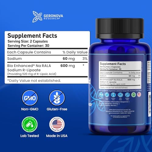 Geronova Research Bio-Enhanced R-Lipoic Acid, 600 mg Dose - 1 Month Supply - Stabilized R Alpha Lipoic Acid with Enhanced Absorption - R Lipoic Acid Supplement - 60 Capsules