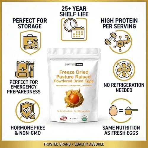 Freeze Dried Powdered Dried Eggs, Grade A Eggs, Grass Fed Pasture Raised, 70 Servings, MRE Food Supply, Camping Essentials, 25+ Years Shelf Life, Emergency Food Supply, 32 OZ