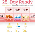 Betife Monthly Pill Organizer 1 Time a Day, 4 Weekly Pill Box Organizer Once a Day, 28 Day Large Pill Case for Travel, 28 Day Daily Medcine Container for Vitamins, Supplement & Medication (Pink)