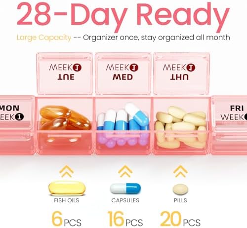 Betife Monthly Pill Organizer 1 Time a Day, 4 Weekly Pill Box Organizer Once a Day, 28 Day Large Pill Case for Travel, 28 Day Daily Medcine Container for Vitamins, Supplement & Medication (Pink)