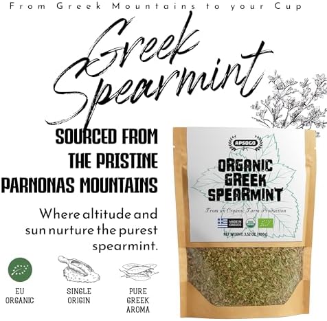 Apsogo Organic Greek Spearmint - Dried Spearmint Leaves for Spearmint Tea Loose Leaf, Herbal Tea & Cooking - Organic Spearmint, Mint Leaves, Naturally Sweet Aroma, Caffeine-Free Mentha Spicata - Resealable Pouch, 1.76 oz