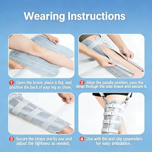 3-Panel Knee Immobilizer Brace - Post-Op Leg Stabilizer for Pre-and Postoperative Injuries, Ligament Tears, and Fractures - Straight Leg Support with Anti-Slip Shoulder Strap