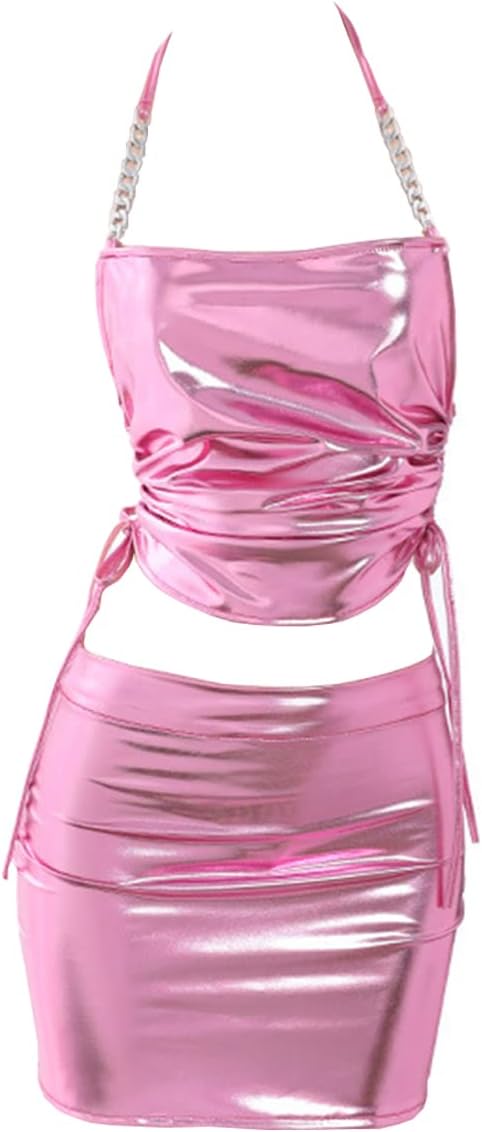 SNOMYRS Wet Look rave outfits Leather PVC Chain Shiny Mini Skirt Set Holographic Halter Party Clubwear Music Festival
