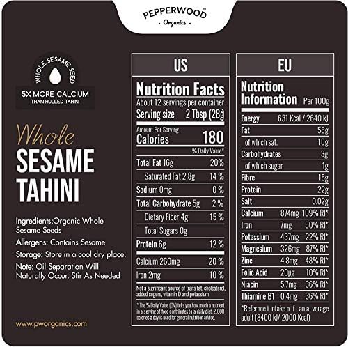 Organic Whole Sesame Tahini Paste - Bulk 6.6lb Bucket - Unhulled & Stone-Ground - Silky Smooth Texture in Hummus, Dips, Dressings - Unsalted, Nut-Free, Kosher, Paleo, Keto - Pepperwood Organics