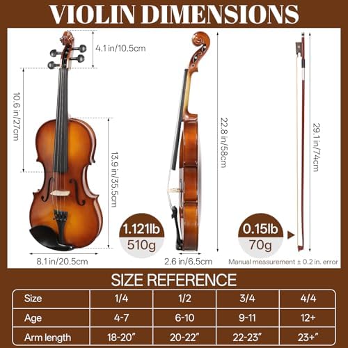 Kmise Violin 4/4 Full Set, High Density Ebony Violins, Glossy Acoustic Fiddle for Adults, Beginners, Students with Violin Case, Rosin, Strings, Bow, Shoulder Rest, Beginner's Guide (Ebony, 4/4)