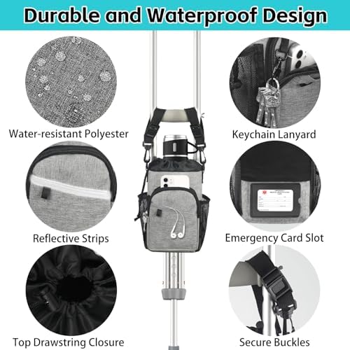 Crutch Accessories Bag Pouch with Detachable Shoulder Strap, Water-Resistant Dual-Purpose Zipper Pouch for Crutches, Lightweight Crutches Pouch Storage Tote for Adults Men, Women