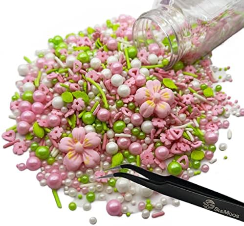 Edible Pink Flowers for Cake Decorating Edible Mini Sugar Flowers Pink and Green Pearl Sprinkles Spring Sprinkles Baby Shower Cake Decorations Christmas Cookie Decorations 3.5 OZ with Tweezers