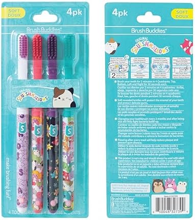 Brush Buddies Squishmallows Assorted Manual Toothbrushes, Soft Toothbrushes, Toothbrushes for Kids and Adults, 4PK