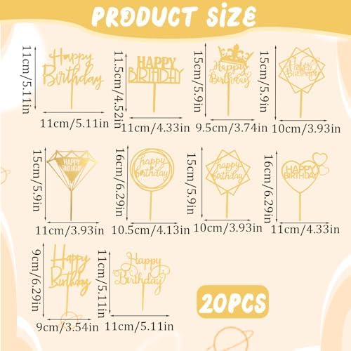 20pcs Happy Birthday Cake Toppers,10 Different Shapes Gold Acrylic Cake Toppers for Decorations Glittering Cupcake for Birthday Event Party Supplies