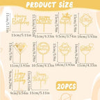 20pcs Happy Birthday Cake Toppers,10 Different Shapes Gold Acrylic Cake Toppers for Decorations Glittering Cupcake for Birthday Event Party Supplies