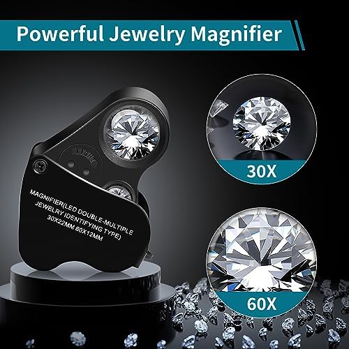 JARLINK 30X 60X Illuminated Jewelers Loupe Magnifier, Foldable Jewelry Magnifier with Bright LED Light for Gems, Jewelry, Coins, Stamps, etc