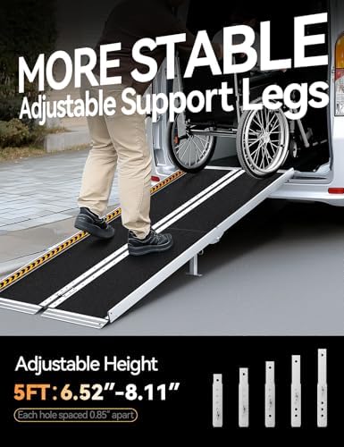 FACHNUO 5 Feet Portable Wheelchair Ramp, Non-Skid Aluminum Handicap Ramps with Handle, Folding Threshold Wheel Chair Ramp for Home Steps, Stairs, Entry, Threshold, Doorways, Scooter, 800LBS Capacity