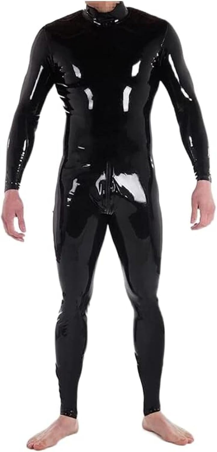 GOCTRN Men's Latex Jumpsuit, Men's Latex Jumpsuit With Crotch Zipper Only,Red,S