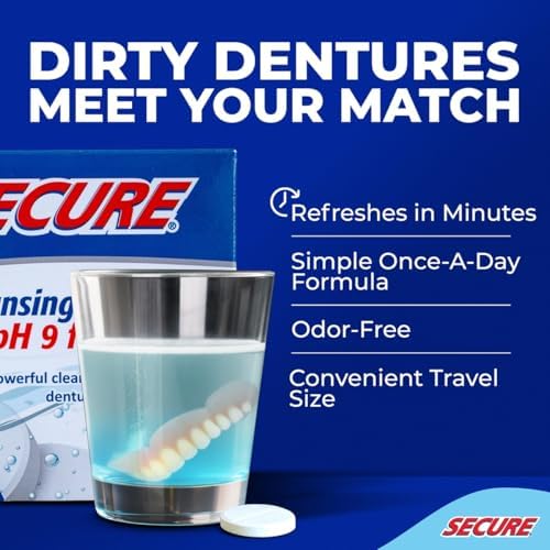 Secure Daily Cleansing Tablets - pH 9 Formula Thoroughly Cleans Dentures - Fights Odors, Stains & Germs - For Dentures, Nightguards, Retainers & Partials - 32 Tablets (1 Pack)