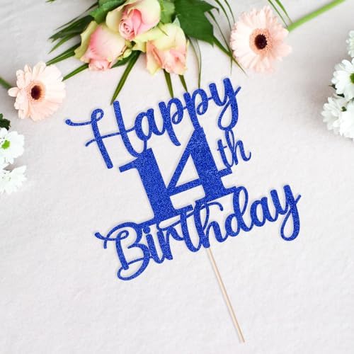 Kaoenla Glitter Happy 14th Birthday Cake Topper,Hello 14，Cheers to 14Years,14th Anniversary /14 years old birthday Party Deco (14th, blue)