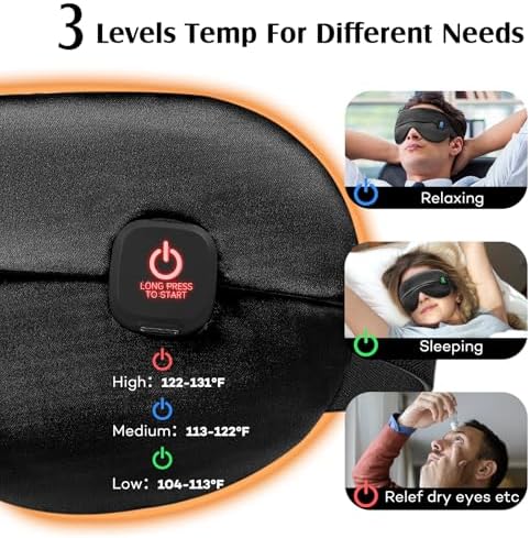 YFONG Cordless Heated Eye Mask for Dry Eyes, Warm Eye Compress for Stye, Blepharitis, Chalazion, MGD, Washable Heating Eye Mask for Sleeping, Travel, Office Nap, Perfect Light Blocking (Black)