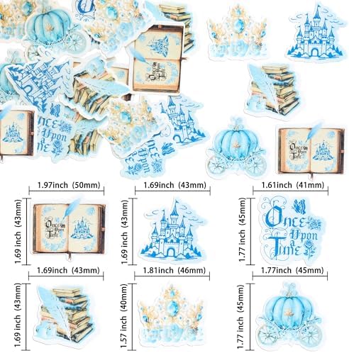 Ephlyn 54Pcs Edible Once Upon A Time Birthday Cupcake Toppers Wafer Paper Fairytale Book Party Castle Opening Magic Book Cupcake Picks for Princess Party Cake Decoration Supplies Blue