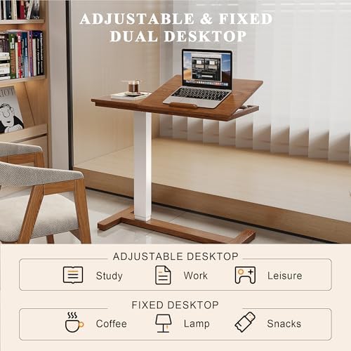 Solid Wood Overbed Bedside Table with Hidden Casters, Adjustable Hospital Bed Table Rolling Laptop Desk with Split Dual Desktop & Pneumatic Gas Spring Lift for Hospital, Home Use (Walnut)