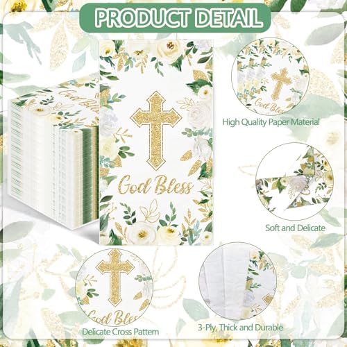 100PCS White Floral Religious Paper Napkins 3 Ply Blessed Cross Disposable Hand Towels for Bathroom Decorative Eucalyptus Guest Napkins for Wedding First Communion Religious Party Supplies