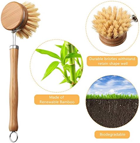Patelai 8 Pieces Wooden Kitchen Dish Brush Include Bamboo Scrub Cleaning Brush and Replacement Heads Dish Scrubber for Kitchen Room Cleaning Supplies