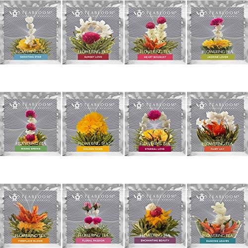 Teabloom Flowering Tea - 12 Unique Varieties of Fresh Blooming Tea Flowers - Hand-Tied Natural Green Tea Leaves & Edible Flowers - 12-Pack Gift Canister - 36 Steeps, Makes 250 Cups