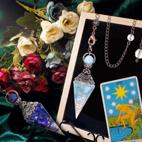GEHECRST Natural Aquamarine Healing Crystal Dowsing Pendulum Reiki Gemstone Chips Orgone Pendulum 6 Faceted Hexagonal Pointed Resin Spiritual Pendant for Divination, Wicca, Energy Balancing