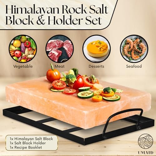 UMAID Himalayan Salt Block Cooking Plate 12x8x1.5 for Cooking, Grilling, Cutting and Serving, Food Grade Rock Salt Stone with Steel Tray & Recipe Pamphlet Unique Gifts for Men, Women, Chefs & Cooks