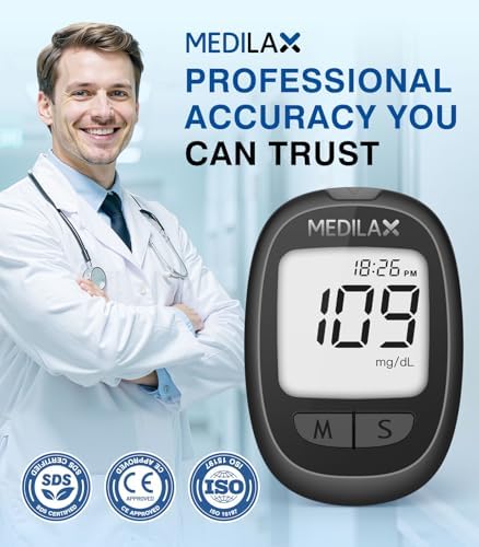 Medilax Blood Glucose Monitor Kit, 100 Test Strips & 100 Lancets Blood Sugar Testing Kit with Glucometer and Lancing Device, No Coding, 500 Storage Glucose Monitor for Home Use, Diabetes Testing