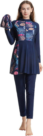 Muslim Swimsuits for Women Long Sleeve Built-in Bra Swimming Tops + Swimming Pants + Hijab Burkini Full Cover Swimwear