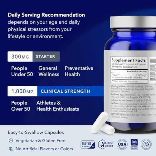 TRU NIAGEN Patented Extra Strength NAD Supplement for Brain Function, Anti Aging, Cell Regeneration | Supports Cellular Energy | Nicotinamide Riboside (NR) | 30-1000mg Servings (2x500mg, Take 2 Daily)