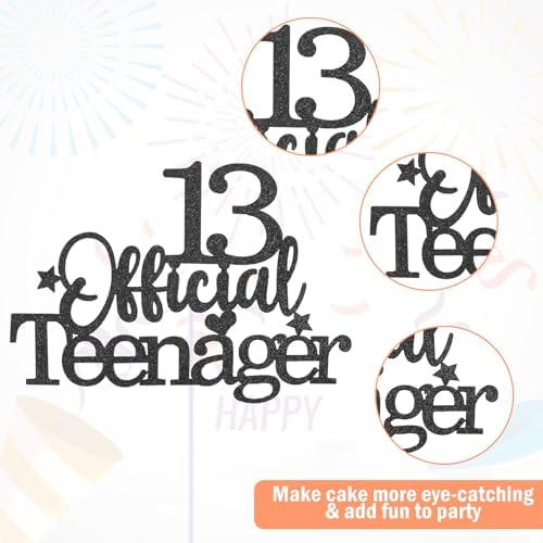 13th Official Teenager Cake Topper, Double Sides Glitter 13 Birthday Cake Pick Decorations Happy Birthday Party Supplies Decorations for Teen Boys Girls (Black)