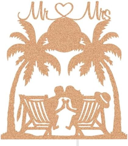 Mr & Mrs Wedding Cake Topper, The Groom Kissing Bride Sit on Chair, Hawaii Beach Sunrise and Sunset Wedding Party Decorations Travel Party, Rose Gold Glitter