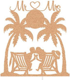 Mr & Mrs Wedding Cake Topper, The Groom Kissing Bride Sit on Chair, Hawaii Beach Sunrise and Sunset Wedding Party Decorations Travel Party, Rose Gold Glitter
