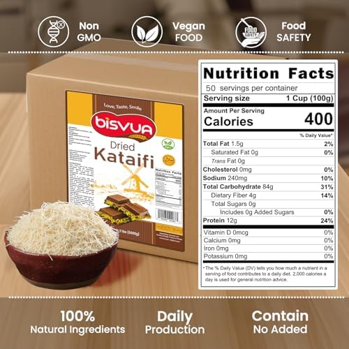 BISVUA Premium Bulk Dried Kataifi 5 kg (11 lbs) - Perfect for Viral Dubai Chocolate Bar Pistachio Stuffed Desserts knafeh, Kunafa, and Middle Eastern Pastries - kataifi shredded fillo dough