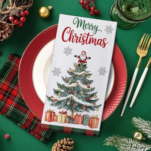 100 PCS Merry Christmas Tree Disposable Paper Napkins, Xmas Santa Claus Bathroom Hand Towels Decorative Dinner Guest Napkin, Winter Holiday Gifts Kitchen Dinning Table Party Decor 8 x 4 Inches