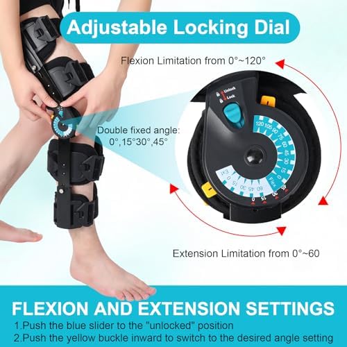 Hinged ROM Knee Brace with Side Stabilizers, Adjustable Post Op Knee Support Orthosis Immobilizer for ACL, PCL and MCL Injury, Medical Knee Orthopedic Support, Leg Stabilizer for Left or Right Leg, Men and Women (Blue)