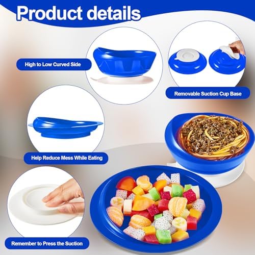 Hushee 3 Sets Adaptive Spill Proof Scoop Bowl and Plate Set with Suction Base Non Skid Self Feed Suction Dinnerware for Elderly Disabled Handicapped from Parkinsons Tremor (Blue)