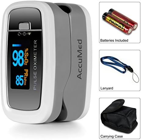AccuMed CMS-50D1 Fingertip Pulse Oximeter Blood Oxygen Sensor SpO2 for Sports and Aviation. Portable and Lightweight with LED Display, 2 AAA Batteries, Lanyard and Travel Case (White)