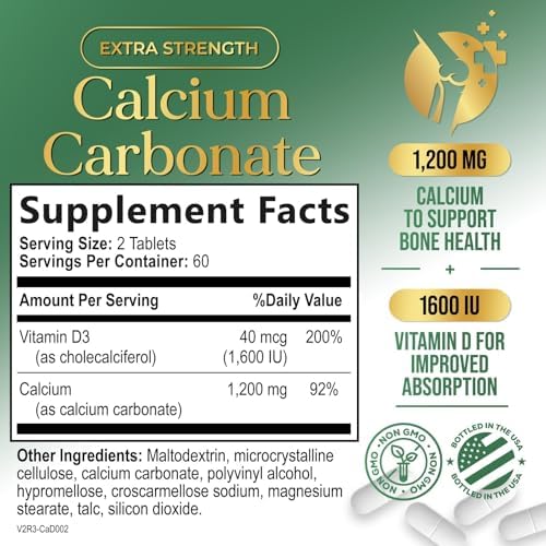 Calcium 1200 mg Per Serving with Vitamin D3 - Bone Health Supplement, Vitamin D & Calcium Supplements for Women & Men - Bone, Teeth & Immune Support, Nature's Calcium Pills, Bottled USA - 120 Tablets