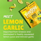 Freestyle Snacks Olive Snack Packs - As Seen on Shark Tank - Fresh Pitted Green Olives, Jumbo-Sized, Grown in Greece, All Natural, Non-GMO, Sugar-Free, Low Calorie - Lemon Garlic, 4oz (6 Pack)