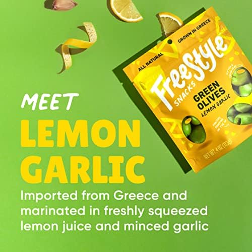Freestyle Snacks Olive Snack Packs - As Seen on Shark Tank - Fresh Pitted Green Olives, Jumbo-Sized, Grown in Greece, All Natural, Non-GMO, Sugar-Free, Low Calorie - Lemon Garlic, 4oz (6 Pack)