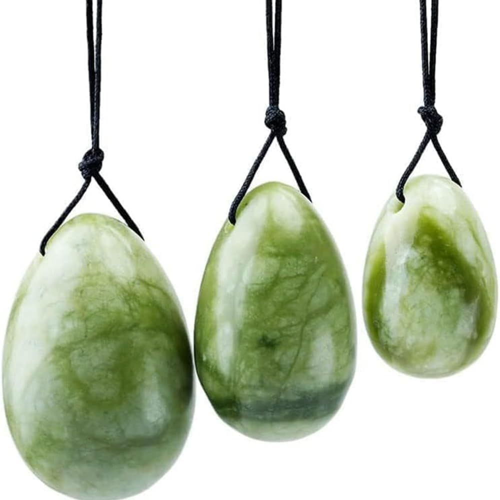 3 in 1 Set Yo-ni Massage Eggs Stone, Genuine Natural Jade Massage Ball Stone for Women Body Massage Muscle Training, Crystal Massage Stones Relax Exercise (Green (Green Jade))